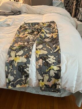Peserico Straight Leg Pants in Gray with Yellow and Green Abstract Print